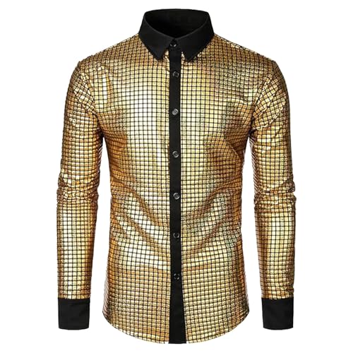 glitzerhemd herren schwarz, 70er Jahre Outfit Herren Hemd Regular Fit Langarm Karneval Kostüm Silvester Disco Glitzer Oberteile Party Pailletten Trachtenhemd Knopfleiste Glitzerhemd Freizeithemd von Sunnyuk