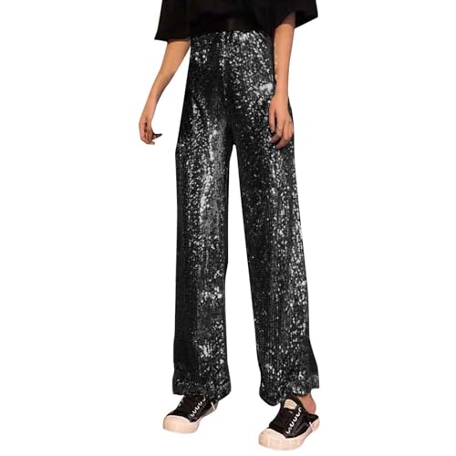 glitzerhose Damen, Glitzer Hose Damen Schwarz Party Lang Glitzerhose Festliche Hohe Taille Pailletten Freizeithose Breite Bein Einfarbig Pailettenhose Schlaghose Palazzo Disco Hosen von Sunnyuk