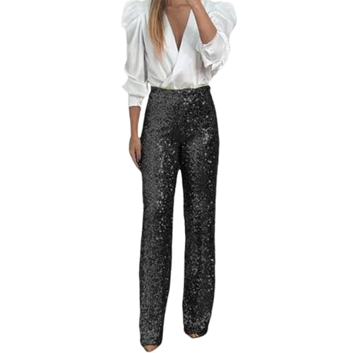 glitzerhose Damen lang, Glitzer Hose Damen Lang Palazzo Pailettenhose Hohe Taille Festliche Glitzerhose Freizeithose Party Elastische Pailletten Schlaghose Breite Bein Silvester Hosen von Sunnyuk