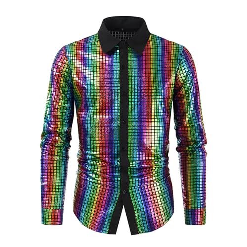 kostüm Herren, Glitzerhemd Herren Langarm Disco 70er Glitzer Hemd Karneval Kostüm Regular Fit Silvester Shirt Pailletten Party Freizeithemd Knopfleiste Outfit Trachtenhemd von Sunnyuk