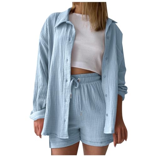 musselin Set Damen kurz, Zweiteiler Damen Sommer Outfits Musselin Bluse und Shorts, Aesthetic 2 Teiler Lounge Set Elegant Baumwolle Sportanzug Oversize Hosenanzug Langarm Hausanzug Y2K Clothes musselin Set Damen kurz, Zweiteiler Damen Sommer Outfits Musselin Bluse und Shorts, Aesthetic 2 Teiler Lounge Set Elegant Baumwolle Sportanzug Oversize Hosenanzug Langarm Hausanzug Y2K Clothes von Sunnyuk