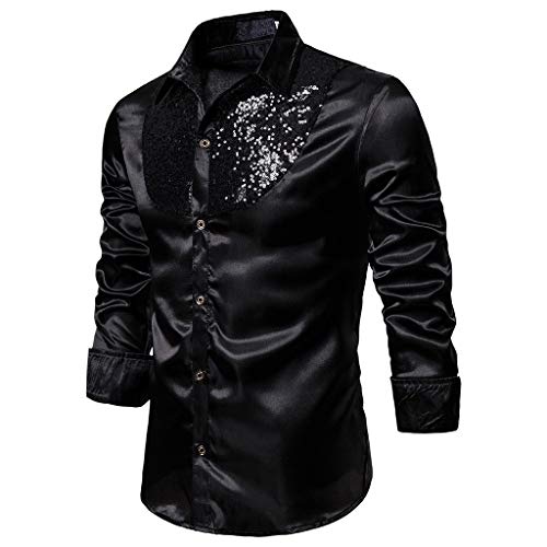 pailettenhemd Herren, Glitzerhemd Herren Langarm Regular Fit Silvester Hemd Disco 70er Outfit Oberteile Party Pailletten Glitzer Trachtenhemd Knopfleiste Karneval Kostüm Freizeithemd von Sunnyuk