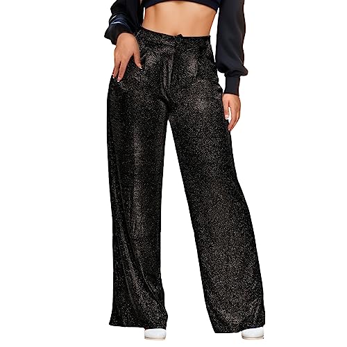 pailettenhose, Glitzer Hose Damen Lang Schwarz Party Hohe Taille Glitzerhose Breite Bein Palazzo Pailettenhose Schlaghose Festliche Elastische Pailletten Hosen Disco Freizeithose von Sunnyuk