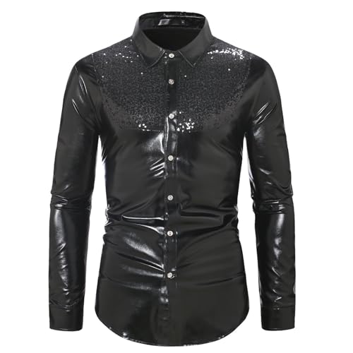 pailletten hemd herren gold, Glitzerhemd Herren 70er Jahre Regular Fit Langarm Glitzer Hemd Disco Silvester Oberteile Pailletten Party Karneval Kostüm Freizeithemd Knopfleiste Outfit Trachtenhemd von Sunnyuk