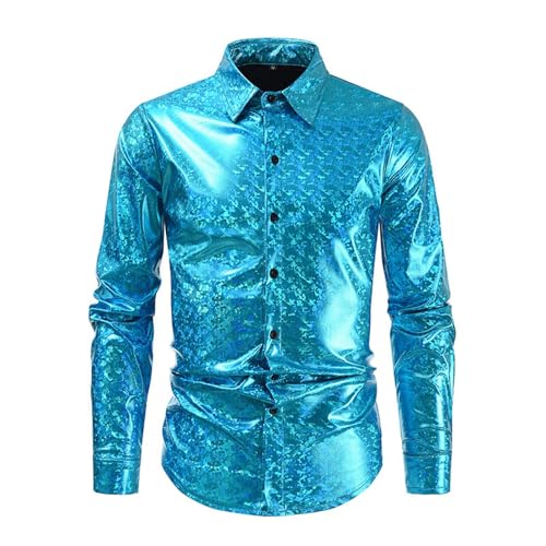 silvester outfit herren glitzer, Glitzerhemd Herren XL Langarm Disco Silvester Outfit Glitzer Hemd Regular Fit 70er Oberteile Pailletten Party Karneval Kostüm Freizeithemd Knopfleiste Trachtenhemd von Sunnyuk