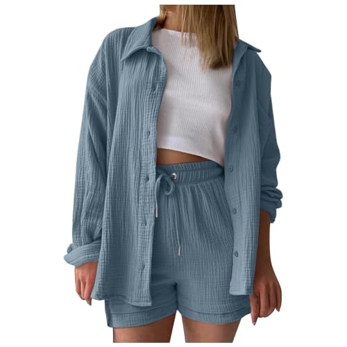 zweiteiler damen elegant sommer, Zweiteiler Damen Sommer Outfits Musselin Bluse und Shorts, Aesthetic 2 Teiler Lounge Set Elegant Baumwolle Sportanzug Oversize Hosenanzug Langarm Hausanzug Y2K Clothes zweiteiler damen elegant sommer, Zweiteiler Damen Sommer Outfits Musselin Bluse und Shorts, Aesthetic 2 Teiler Lounge Set Elegant Baumwolle Sportanzug Oversize Hosenanzug Langarm Hausanzug Y2K Clothes von Sunnyuk