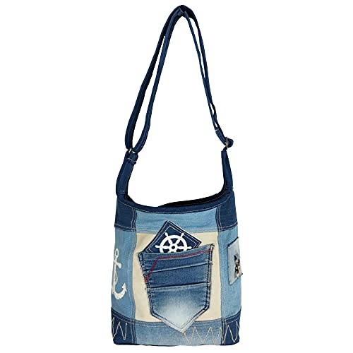 Sunsa Damen Hobo Tasche. Nachhaltige Umhängetasche aus recycelter Jeans & Canvas. Vintage Stil Maritim Tasche für Meerliebhaber in blau/beige von Sunsa