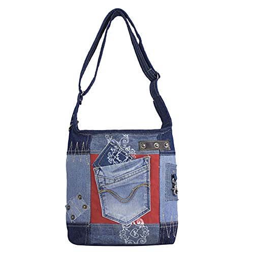 Sunsa Damen Tasche. Umhängetasche aus recycelte Jeans Canvas und Leder. Hobo Jeanstasche. Nachhaltige Schultertasche. Vintage Crossbody Damentasche. Taschen für Sie/Ihn (rot blau) Sunsa Damen Tasche. Umhängetasche aus recycelte Jeans Canvas und Leder. Hobo Jeanstasche. Nachhaltige Schultertasche. Vintage Crossbody Damentasche. Taschen für Sie/Ihn (rot blau) von Sunsa