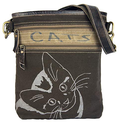 Sunsa Damen Katzenmotiv Umhängetasche, Tasche aus Canvas & Leder. Vintage Schultertasche für katzenliebhaber von Sunsa