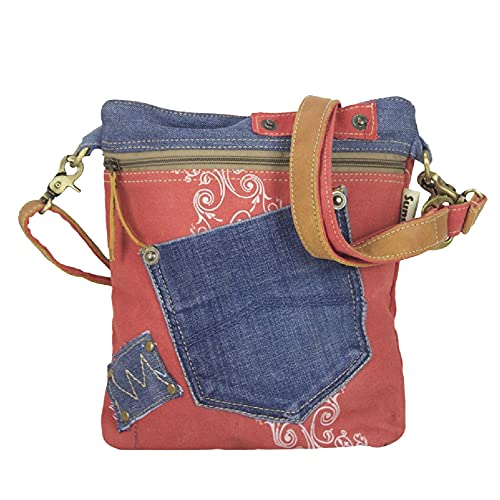 Sunsa Damen Umhängetasche. Nachhaltige Tasche aus recycelte Jeans Canvas & Leder. Rot/blau Vintage Stil Schultertasche. Sunsa Damen Umhängetasche. Nachhaltige Tasche aus recycelte Jeans Canvas & Leder. Rot/blau Vintage Stil Schultertasche. von Sunsa