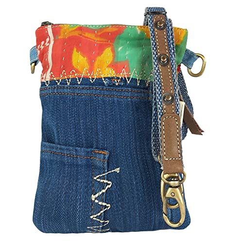 Sunsa kleine Umhängetasche, Upcycling Denim Tasche. Cross body bag, Schultertasche Crossover, Nachhaltige Produkt aus Used Sari & Jeans, 52453 von Sunsa