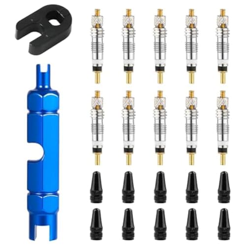Suoumwa 10 Stück Ventileinsatz für Presta, Ventileinsatz für Fahrrad, mit 2 Ventileinsatz-Entfernungswerkzeugen und 10 Ventilschafteinsatzkappen von Suoumwa