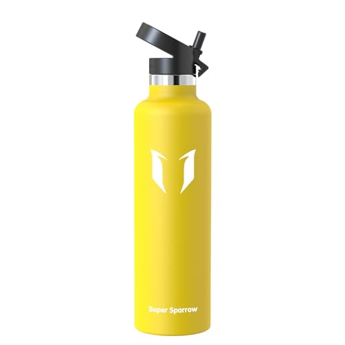 Super Sparrow Edelstahl Trinkflasche Kinder - 18/10 Ultraleicht Thermobecher - 1L - Standardmund Stroh-Deckel - BPA-Frei Thermoskanne, Thermosflasche für Sport, Travel, Schule, Outdoor, Büro von Super Sparrow