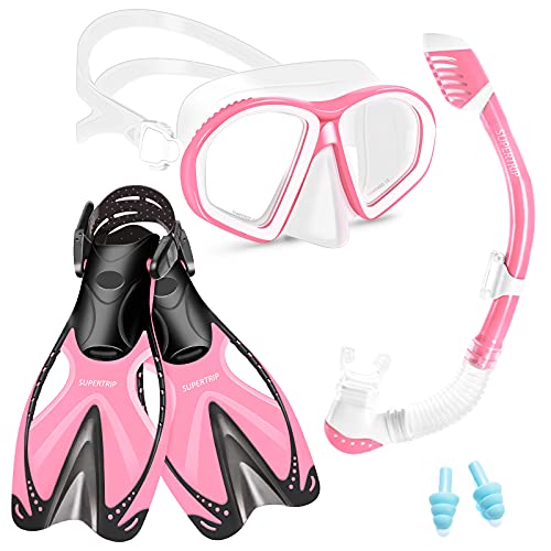 Supertrip Kinder Schnorchelset 3-teilig, Schnorcheln Set mit Flossen, Taucherbrille mit Tempered Glas, Verstellbaren Schwimmflossen, Premium Dry Schnorchel für Kinder Junior von Supertrip