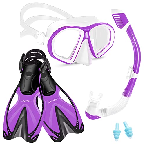 Supertrip Kinder Schnorchelset 3-teilig, Schnorcheln Set mit Flossen, Taucherbrille mit Tempered Glas, Verstellbaren Schwimmflossen, Premium Dry Schnorchel für Kinder Junior von Supertrip