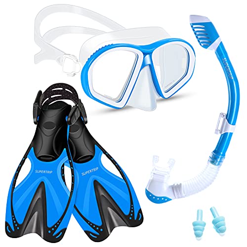 Supertrip Kinder Schnorchelset 3-teilig, Schwimmset, Tauchset, Taucherbrille mit Tempered Glas, Dry Schnorchel, Verstellbare Flossen/Tauchflossen für Kinder Supertrip Kinder Schnorchelset 3-teilig, Schwimmset, Tauchset, Taucherbrille mit Tempered Glas, Dry Schnorchel, Verstellbare Flossen/Tauchflossen für Kinder von Supertrip