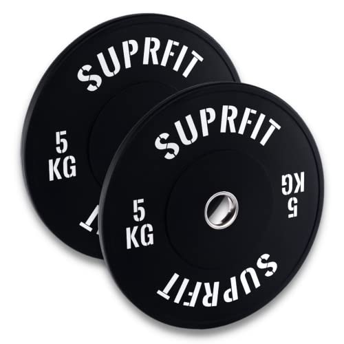 SUPRFIT Gummierte Fitness Bumper Plates 50mm Gewichtsscheiben aus Vollgummigranulat - Gewicht: 2x5 kg, Stoßabsorbierende Hantelscheiben 50mm fürs Hanteltraining, Gewichtscheiben - Farbe: Schwarz/Weiß von Suprfit