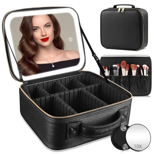 Reisekosmetiktasche mit beleuchtetem Spiegel, unterteilbare Kosmetiktasche Kosmetiktasche mit 3 Farbmodi dimmbaren Lichtspiegel, wasserdichte PU Leder Make up Organizer Tasche Reisekosmetiktasche mit beleuchtetem Spiegel, unterteilbare Kosmetiktasche Kosmetiktasche mit 3 Farbmodi dimmbaren Lichtspiegel, wasserdichte PU Leder Make up Organizer Tasche von Suupvaor