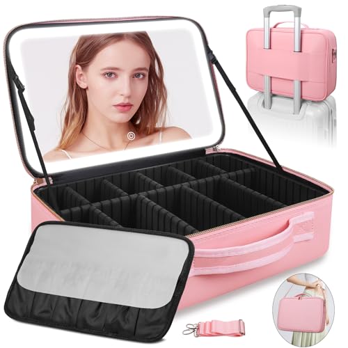 Große 38 X 30cm Reise-Make-up-Tasche mit Spiegel, professioneller Kosmetiktasche mit Spiegel-3 Farbmodi, Dimmbare beleuchtete, Make-up-Organiser mit beleuchtetem Spiegel, PU-Leder-Abdeckung Große 38 X 30cm Reise-Make-up-Tasche mit Spiegel, professioneller Kosmetiktasche mit Spiegel-3 Farbmodi, Dimmbare beleuchtete, Make-up-Organiser mit beleuchtetem Spiegel, PU-Leder-Abdeckung von Suupvaor
