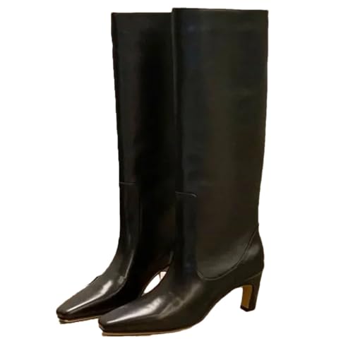 Damen-Kniestiefel, Leder, breite Wade, Herbst, Winter, leger, Stiletto, lang, hoch, Schwarz mit Fell, Größe 39 von Suwequest