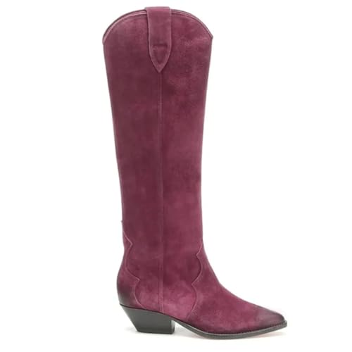 Kuh-Wildleder, kniehohe Damen-Stiefel, spitzer Zehenbereich, Spike-Absatz, lange Stiefel, Retro-Leder, Ritterstiefel von Suwequest