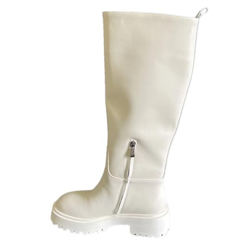 Lederstiefel für Damen, Winter, gerade, kniehohe Stiefel, modische Plateauschuhe, Beige, Reißverschluss, kein Fell, Größe 42 von Suwequest