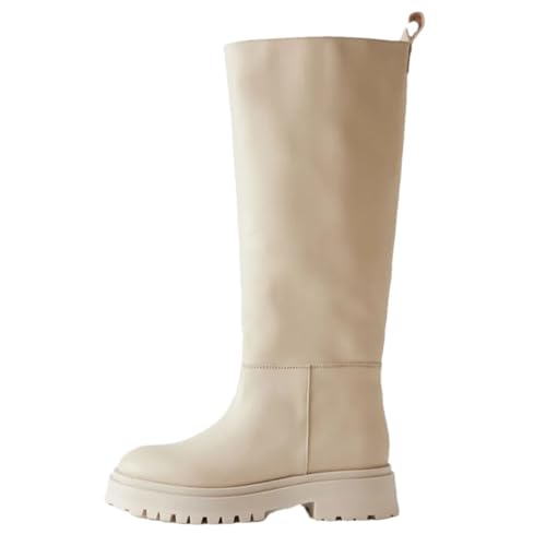 Lederstiefel für Damen, Winter, gerade, kniehohe Stiefel, modische Plateauschuhe, Beige mit Fell, Größe 40 von Suwequest