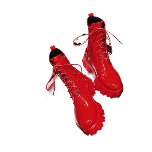 Suwequest Damenstiefel, Lackleder, Plateauschuhe, knöchelhoch, modisch, für Herbst und Winter, warme Plateau-Stiefel, rot, kurz, Plüsch, Größe 43 von Suwequest