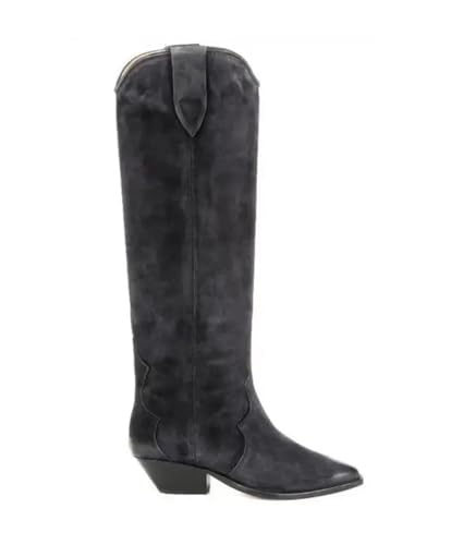 Suwequest Lederstiefel für Damen, Retro-Stil, zum Reinschlüpfen, klobiger Absatz, kniehohe Stiefel, spitzer Zehenbereich, Herbst, Damenstiefel, Wildleder, Schwarz, Größe 40 von Suwequest