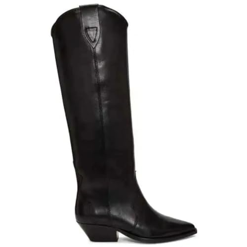 Suwequest Lederstiefel für Damen, Retro-Stil, zum Reinschlüpfen, klobiger Absatz, kniehohe Stiefel, spitzer Zehenbereich, Herbst von Suwequest