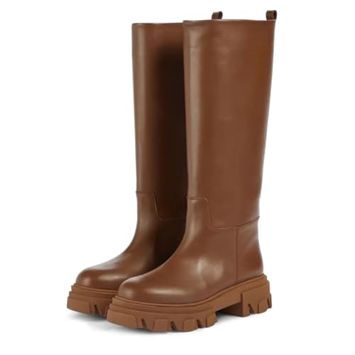 Suwequest Lederstiefel für Damen, kniehohe Stiefel, Plateau-Reitstiefel, dicker Absatz, Herbst-Winterstiefel von Suwequest