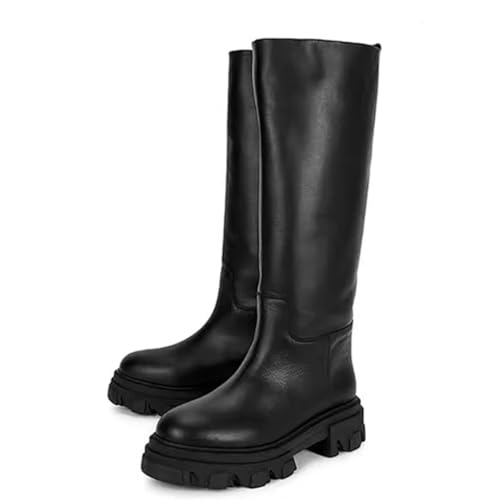 Suwequest Lederstiefel für Damen, kniehohe Stiefel, Plateau-Reitstiefel, dicker Absatz, Herbst-Winterstiefel von Suwequest