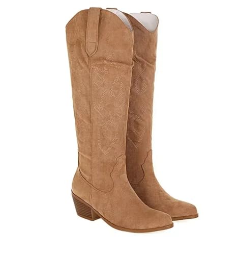 Suwequest Ritterstiefel mit spitzem Zehenbereich für Damen, PU-Leder, kniehohe Stiefel, Herbst, Winter, Western-Cowboy, lang, braun, Größe 42 von Suwequest