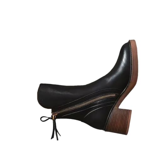 Suwequest Stiefeletten mit hohem Absatz für Damen, Leder, kurze Stiefel, runder Zehenbereich, breiter Absatz, seitlicher Reißverschluss, Stiefelette von Suwequest