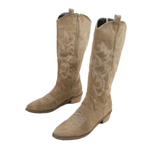 Suwequest Western-Cowboystiefel für Damen, Herbst, spitzer Zehenbereich, dicker Absatz, hohe Kniestiefel, locker, PU-Leder, lange Botas von Suwequest