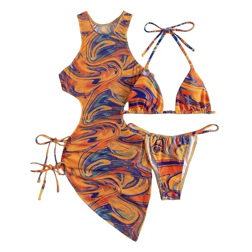 Damen-Bikini-Set mit Ausschnitt, Marmordruck, 3-teilig, dreieckig, Badeanzug, Strandmode von Sweeaau