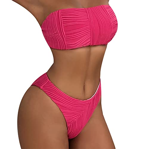 Einfarbiger 2-teiliger Badeanzug für Damen, trägerlos, Bandeau-Bikinis-Set, hoher Schnitt, Bademode, Strandmode von Sweeaau