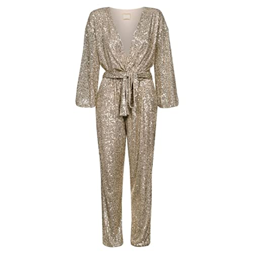 Swing Fashion Jumpsuit Damen Elegant | Festliches Jumpsuit | Party Jumpsuit | Glitzer Jumpsuit | Playsuit | Hosenanzug | Romper | Pailletten-Overall | V-Ausschnitt | Langarm | Gold | 34 (XS) von Swing Fashion