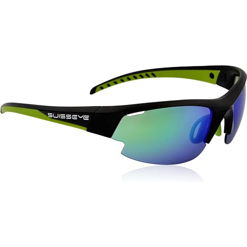 SWISSEYE Gardosa Re+ Sportbrille (100% UVA-, UVB- und UVC-Schutz, verstellbarer Nasenbereich & gummierte Bügelenden, splitterfreies Material TR90, inkl. Etui & 2 Wechselscheiben), black matt/green von SWISSEYE