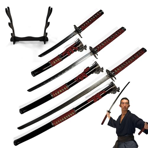 3er Schwert Set mit Ständer - Katana Schwert Echt, Wakizashi, Tanto - Samurai Schwert aus Stahl - Samurai Schwerter als Highlander Deko - Japanisches Sword mit Schwertständer - Ninja Schwert, Drache von Swords and more