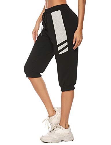 Sykooria Caprihose Damen Jogginghose 3/4 Baumwolle Freizeithose mit Bündchen Taschen Kontraststreifen Schwarz L von Sykooria