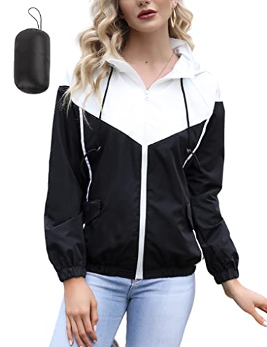 Sykooria Damen Regenjacke Leichte Wasserdicht Windjacke Herbst Jacke Outdoorjacke Regen Jacke mit Kapuze Windbreaker Frauen Zip Hoodie Rain jacke, schwarz+weiß von Sykooria