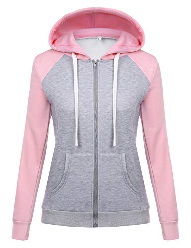 Sykooria Sweatjacke Damen Kapuzenjacke Hoodie mit Reißverschluss Sweatshirts Jacke Casual Running Fitness mit Tasche, Rosa Mix Grau von Sykooria