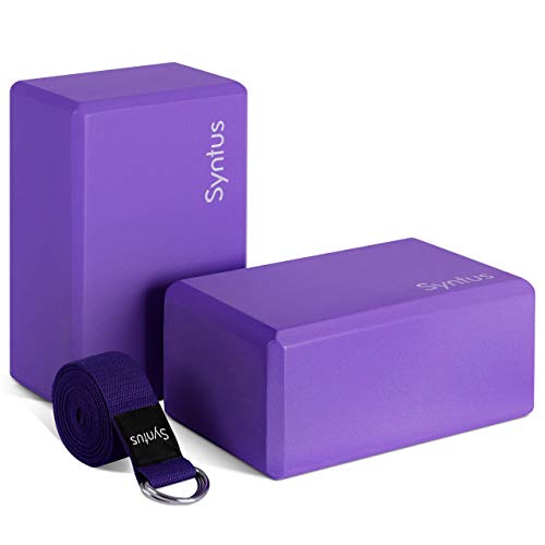 Syntus Yoga-Block und Yoga-Gurt-Set, 2 EVA-Schaum, weiche, rutschfeste Yogablöcke, 22,9 x 15,2 cm, Metall-D-Ring-Gurt für Yoga, allgemeine Fitness, Pilates, Stretching und Straffung, Violett von Syntus