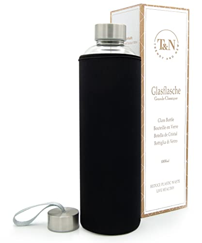 T&N Glasflasche 1 Liter / 750ml / 500ml – Trinkflasche Glas 1l mit Neoprenhülle – Wasserflasche Auslaufsicher – Glastrinkflasche aus dickerem Borosilikat-Glas für Kohlensäure geeignet T&N Glasflasche 1 Liter / 750ml / 500ml – Trinkflasche Glas 1l mit Neoprenhülle – Wasserflasche Auslaufsicher – Glastrinkflasche aus dickerem Borosilikat-Glas für Kohlensäure geeignet von T&N