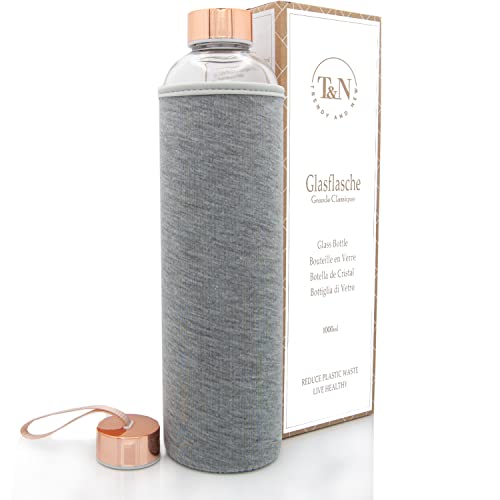 T&N Glasflasche 1 Liter / 750ml / 500ml – Trinkflasche Glas 1l mit Neoprenhülle – Wasserflasche Auslaufsicher – Glastrinkflasche aus dickerem Borosilikat-Glas für Kohlensäure geeignet T&N Glasflasche 1 Liter / 750ml / 500ml – Trinkflasche Glas 1l mit Neoprenhülle – Wasserflasche Auslaufsicher – Glastrinkflasche aus dickerem Borosilikat-Glas für Kohlensäure geeignet von T&N