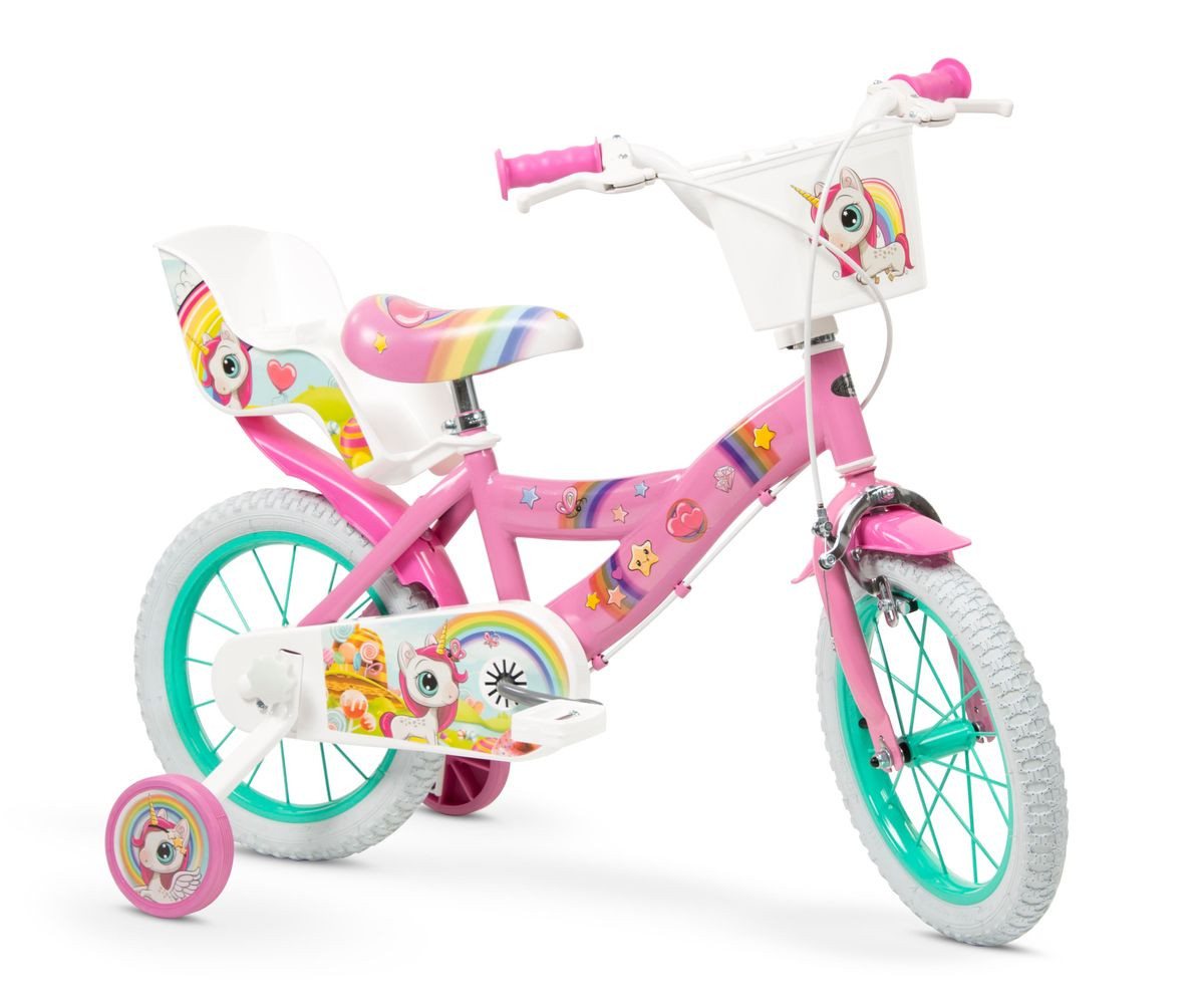 T&Y Trade Kinderfahrrad 14 Zoll KindervFahrrad Mädchenfahrrad Unicorn Rad Bike Einhorn 14219, 1 Gang, Puppensitz, Korb, Stützräder von T&Y Trade