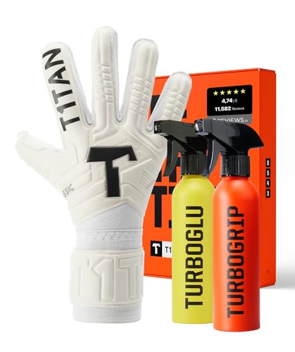 T1TAN Classic 1.0 White-Out Junior + Turbogrip & Turboglu - Torwarthandschuhe Kinder mit Handschuhreiniger und Grip Booster - ohne Fingerschutz - Fußballhandschuhe für Torhüter - Größe 3 von T1TAN