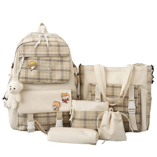 5-teiliges Kawaii-Leinen-Schulrucksack-Kombi-Set mit Birnenanhänger, niedliche Nadeln, Tragetasche, Bleistifttasche, kariert ästhetisch Laptop Klassisch Schultasche Tagesrucksack-Set, Khaki von TABANA