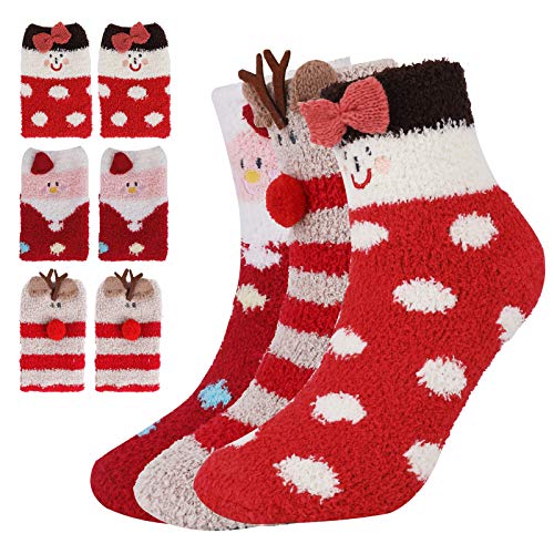 TAGVO 3 Paar Weihnachtliche Rote Thermalvlies-Fuzzy-Socken, Rentier-Weihnachtsmann-Schneeflockensocken, Flauschige Warme ＆ Süße Haussocken Für Den Winter von TAGVO